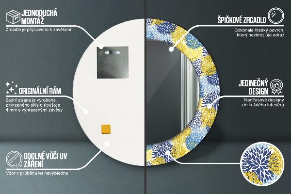 Miroir rond cadre avec impression Fleurs bleues