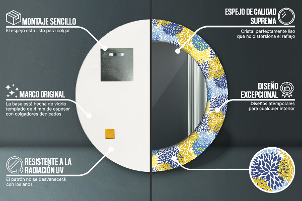 Miroir rond cadre avec impression Fleurs bleues