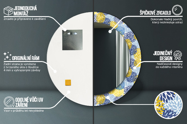 Miroir rond cadre avec impression Fleurs bleues