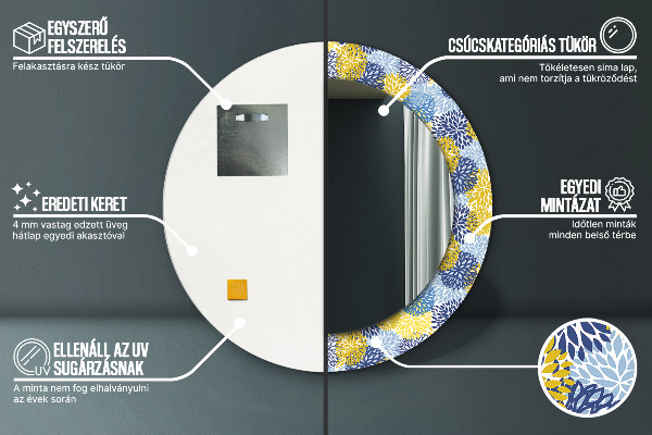 Miroir rond cadre avec impression Fleurs bleues