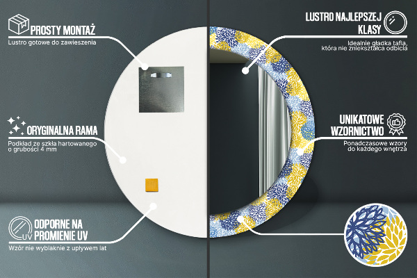 Miroir rond cadre avec impression Fleurs bleues