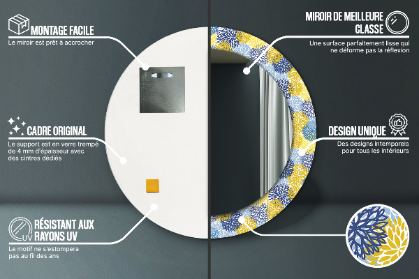 Miroir rond cadre avec impression Fleurs bleues