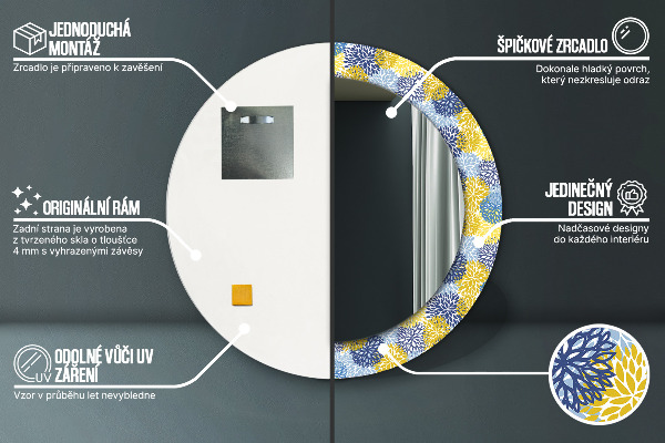 Miroir rond cadre avec impression Fleurs bleues