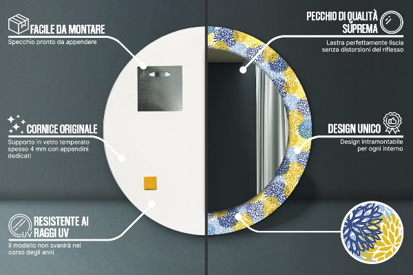 Miroir rond cadre avec impression Fleurs bleues