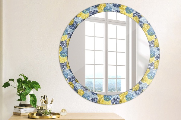 Miroir rond cadre avec impression Fleurs bleues