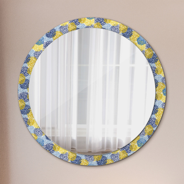 Miroir rond cadre avec impression Fleurs bleues