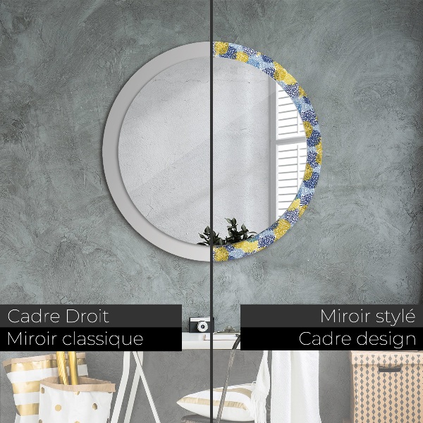 Miroir rond cadre avec impression Fleurs bleues