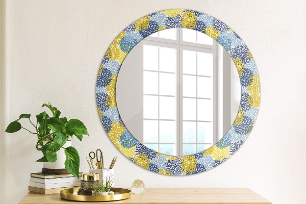 Miroir rond cadre avec impression Fleurs bleues