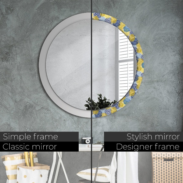 Miroir rond cadre avec impression Fleurs bleues