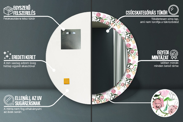 Miroir rond cadre avec impression Poudons de pivoine