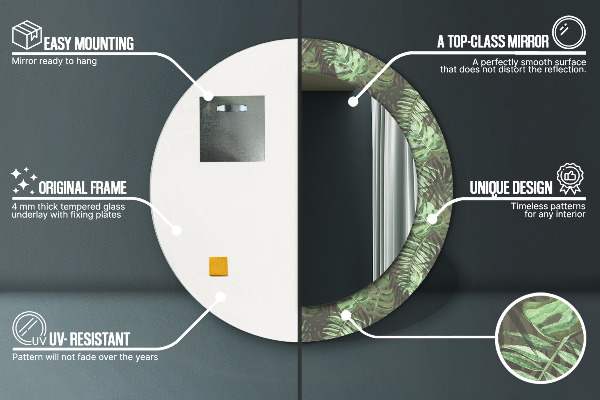 Miroir rond cadre avec impression Feuilles tropicales