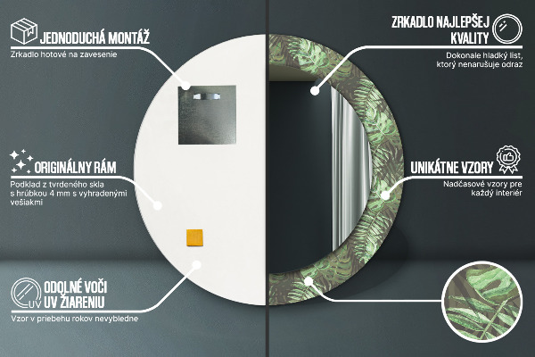 Miroir rond cadre avec impression Feuilles tropicales
