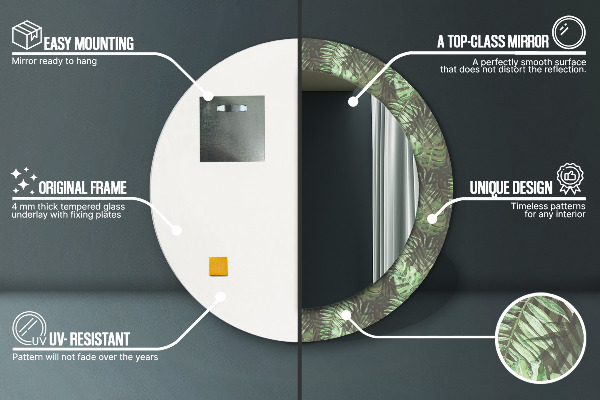 Miroir rond cadre avec impression Feuilles tropicales