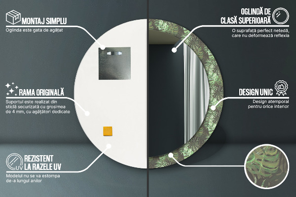 Miroir rond cadre avec impression Feuilles tropicales