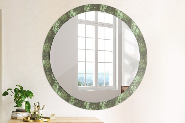 Miroir rond cadre avec impression Feuilles tropicales