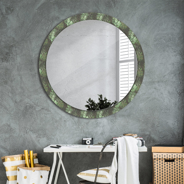 Miroir rond cadre avec impression Feuilles tropicales