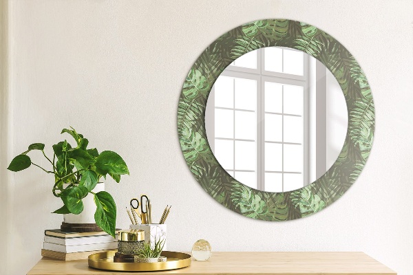 Miroir rond cadre avec impression Feuilles tropicales