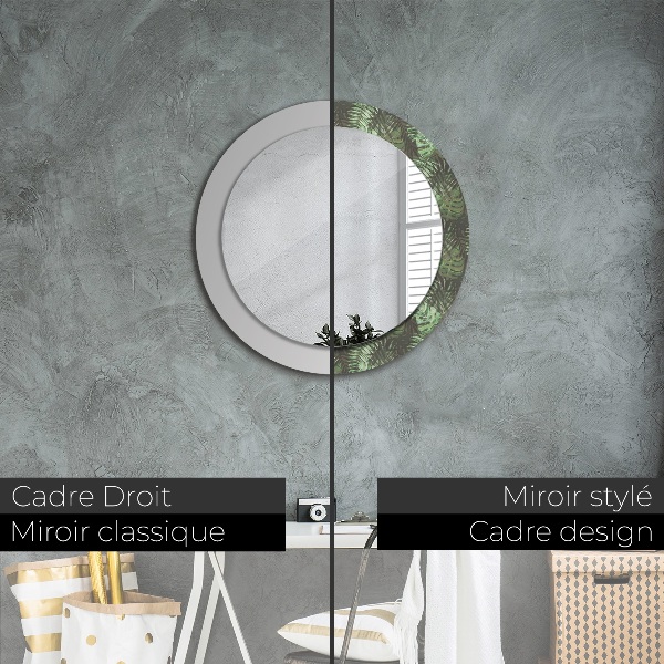 Miroir rond cadre avec impression Feuilles tropicales