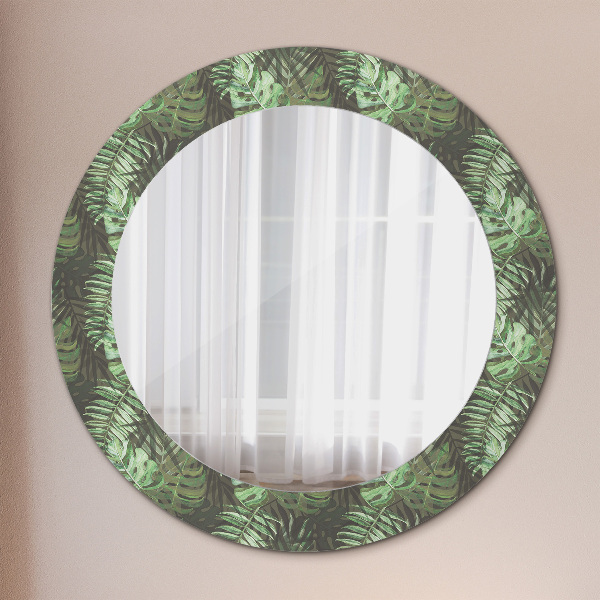 Miroir rond cadre avec impression Feuilles tropicales
