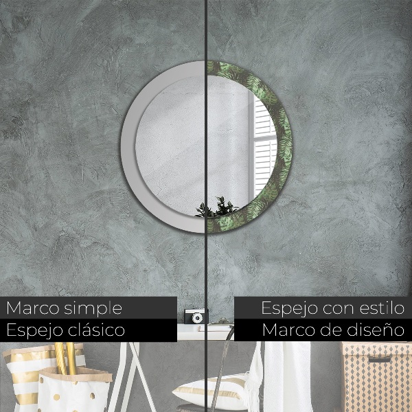 Miroir rond cadre avec impression Feuilles tropicales
