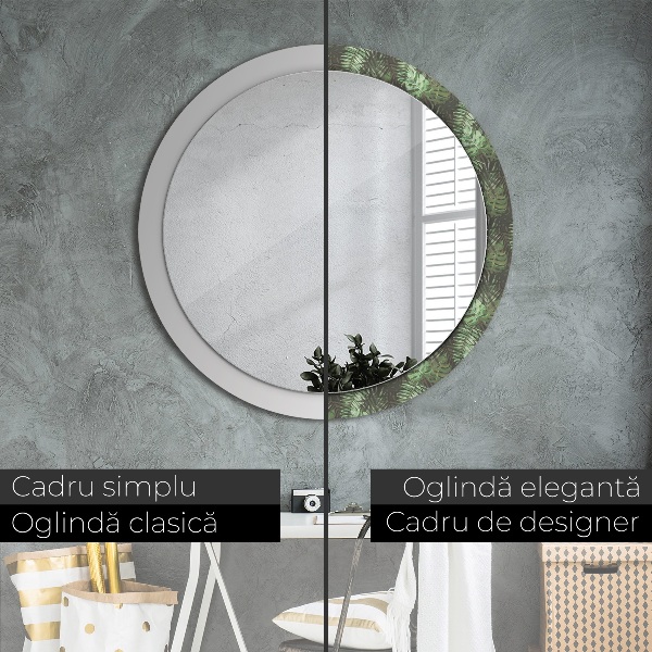 Miroir rond cadre avec impression Feuilles tropicales