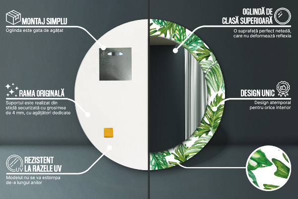 Miroir rond cadre avec impression Feuilles de la jungle