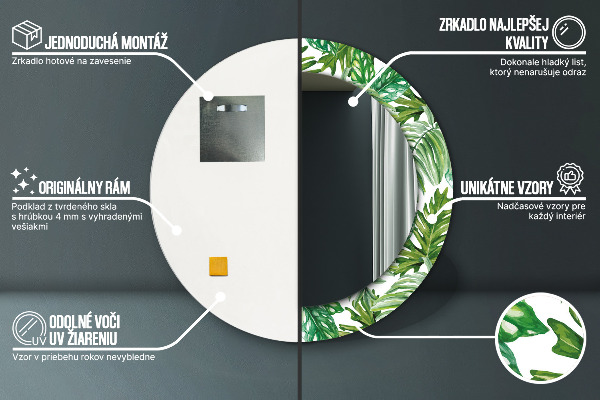 Miroir rond cadre avec impression Feuilles de la jungle