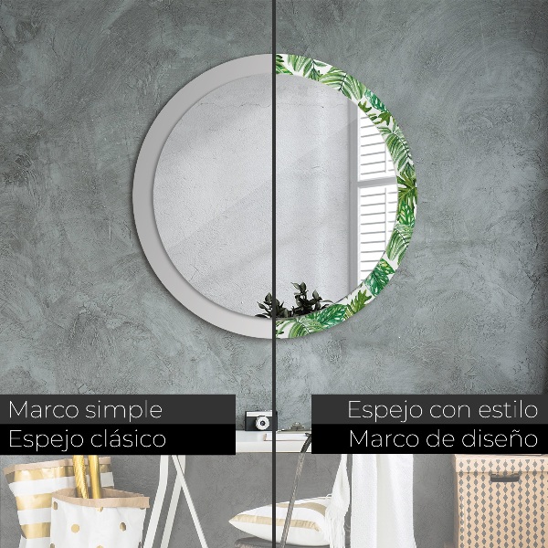 Miroir rond cadre avec impression Feuilles de la jungle