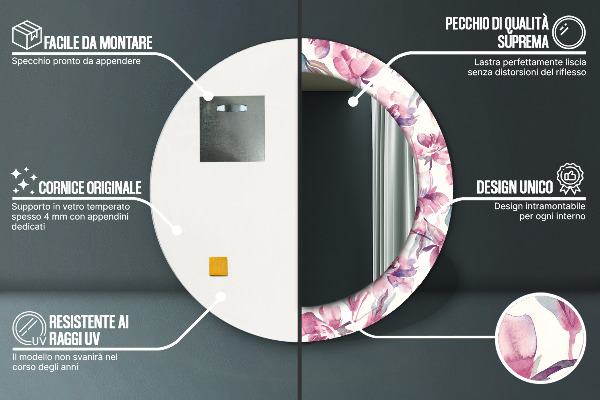 Miroir rond avec décoration Fleurs pivoines