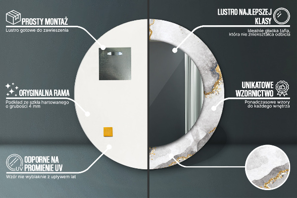 Miroir rond cadre avec impression Or marbre blanc