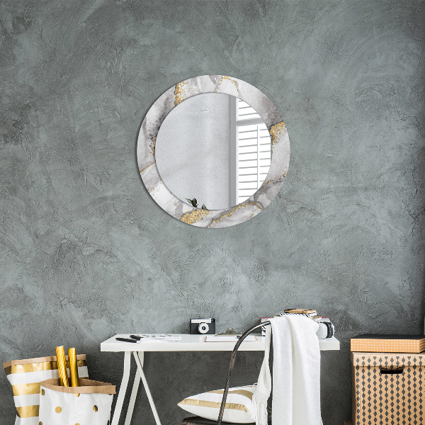 Miroir rond cadre avec impression Or marbre blanc