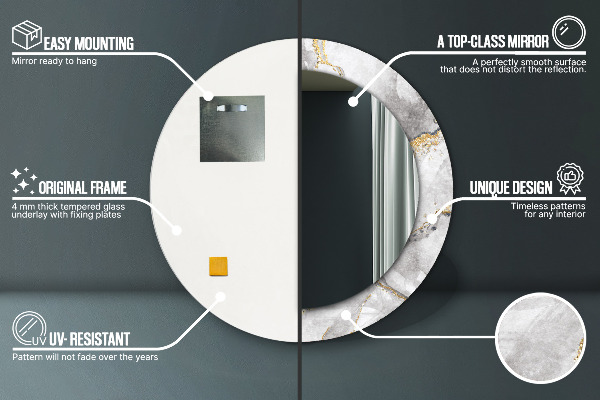 Miroir rond cadre avec impression Or marbre blanc