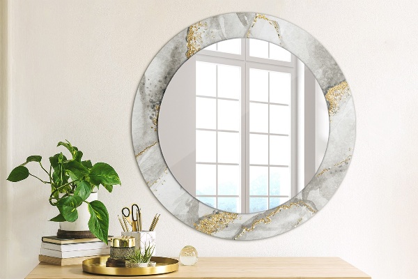 Miroir rond cadre avec impression Or marbre blanc