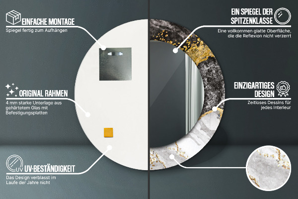 Miroir rond cadre avec impression Marbre et or