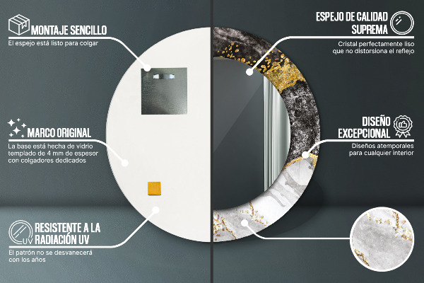 Miroir rond cadre avec impression Marbre et or