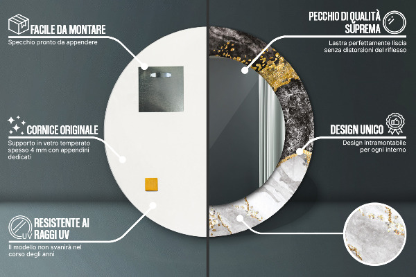 Miroir rond cadre avec impression Marbre et or