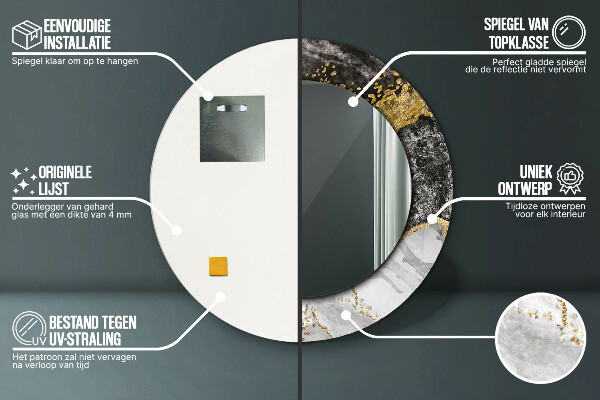 Miroir rond cadre avec impression Marbre et or