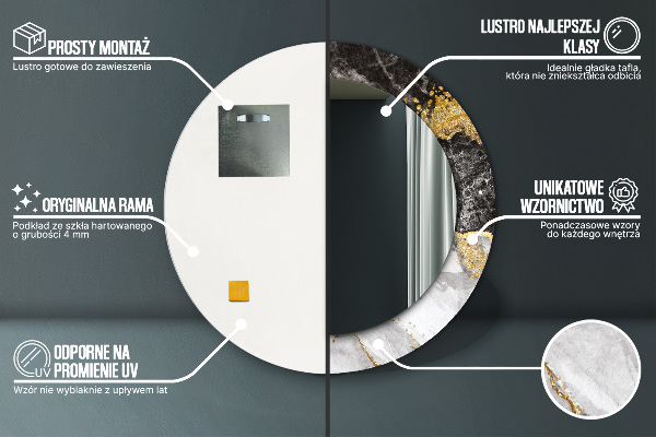 Miroir rond cadre avec impression Marbre et or