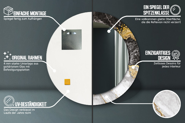 Miroir rond cadre avec impression Marbre et or