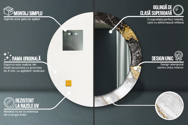 Miroir rond cadre avec impression Marbre et or