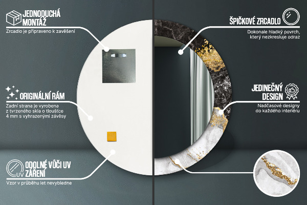 Miroir rond cadre avec impression Marbre et or