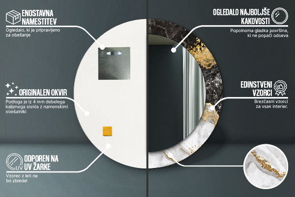 Miroir rond cadre avec impression Marbre et or