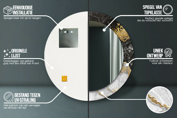 Miroir rond cadre avec impression Marbre et or