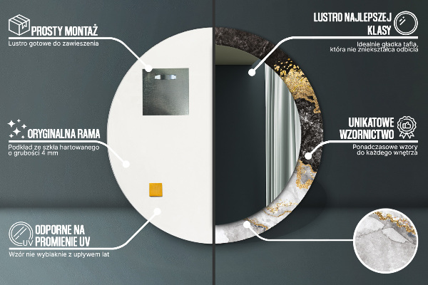 Miroir rond cadre avec impression Marbre et or