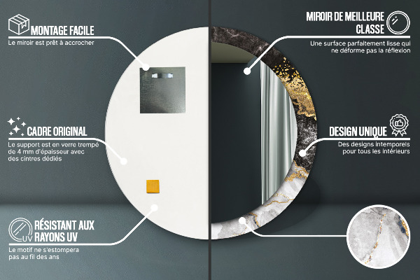 Miroir rond cadre avec impression Marbre et or