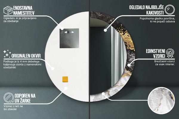 Miroir rond cadre avec impression Marbre et or