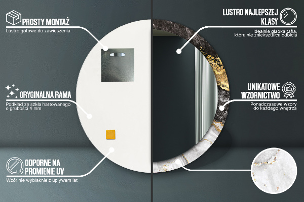 Miroir rond cadre avec impression Marbre et or