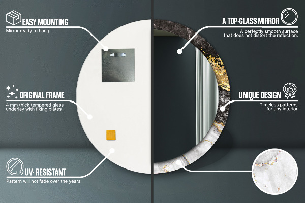 Miroir rond cadre avec impression Marbre et or