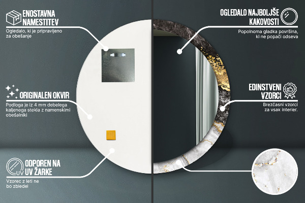 Miroir rond cadre avec impression Marbre et or