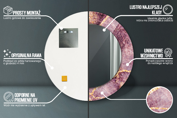 Miroir rond cadre avec impression Marbre avec l'ajout d'or